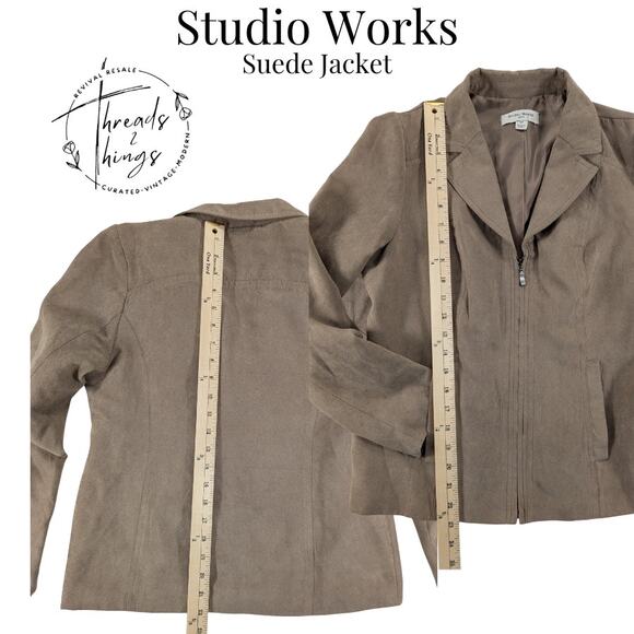 Studio Works Jacket Women's 4p Faux Suede Beige Riding Zip Lined Pockets Classic - Picture 8 of 12